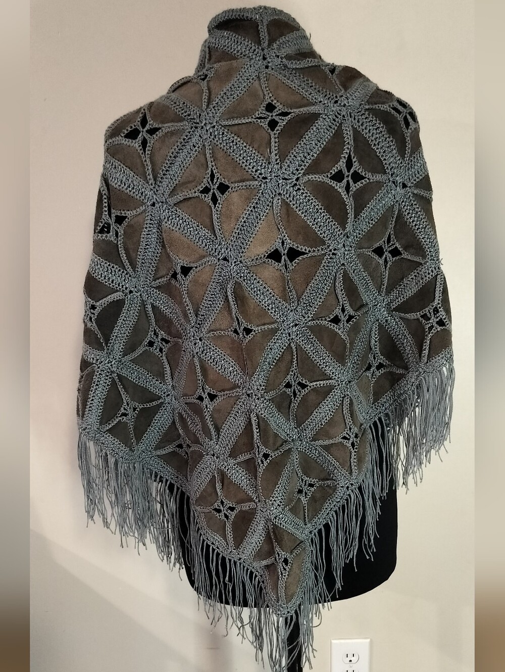 Cropped Gray Crochet Suede Fringe Cape - Gray
